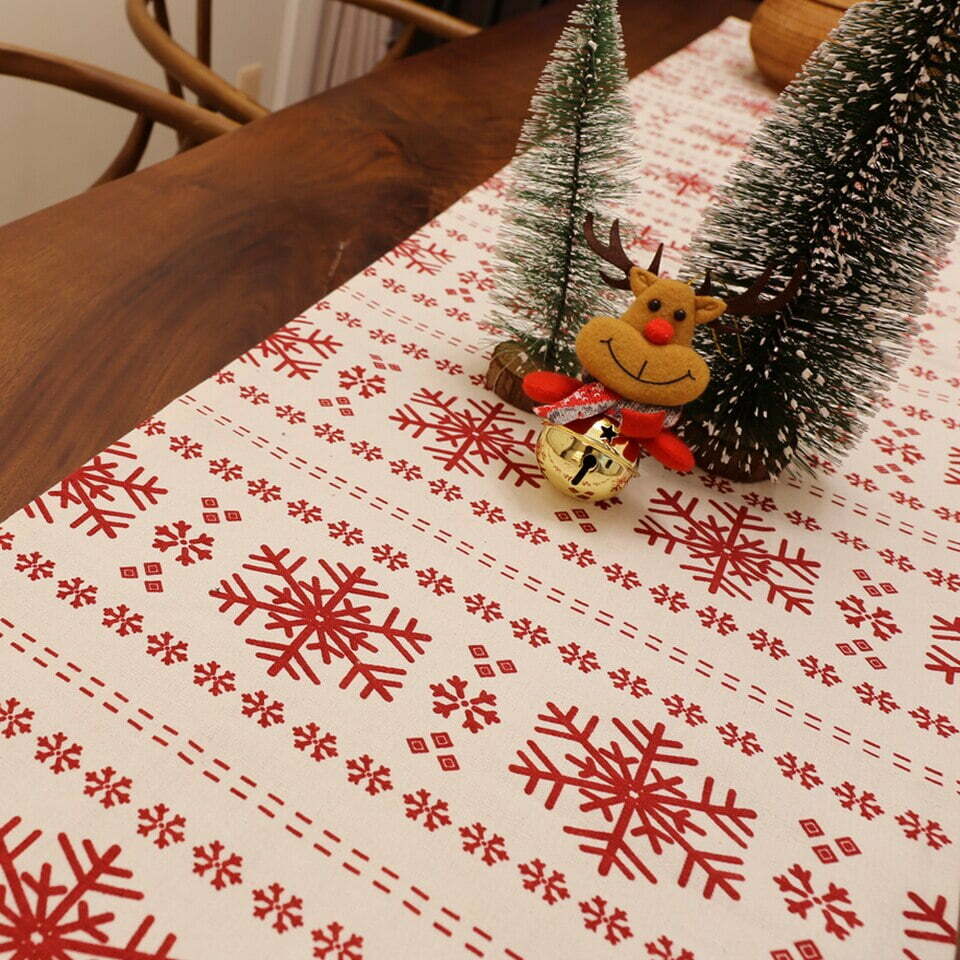 Chemin De Table De Noël 180x35 Cm - Motif Flocons De Neige Rouge Et Blanc - Déco Festive Pour Salle à Manger, Repas De Fête